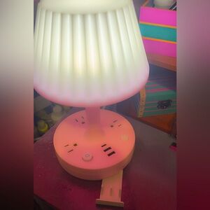 Small Modern Pink and White Lamp with USB Ports,
outlets and phone stand